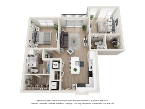 Floor plan for 2 beds, 1.5 baths, 977 sqft